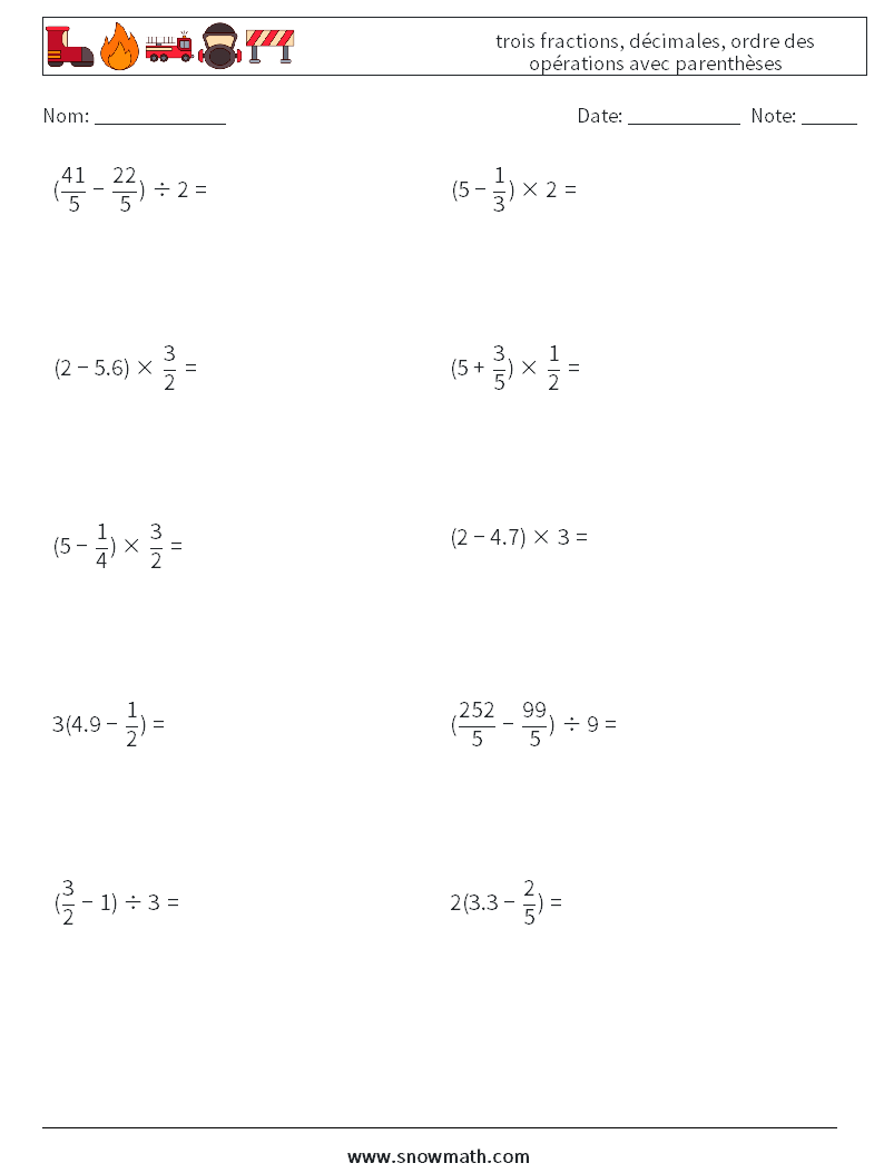 (10) trois fractions, décimales, ordre des opérations avec parenthèses Fiches d'Exercices de Mathématiques 10