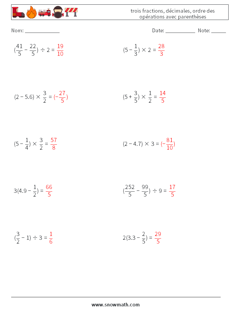 (10) trois fractions, décimales, ordre des opérations avec parenthèses Fiches d'Exercices de Mathématiques 10 Question, Réponse