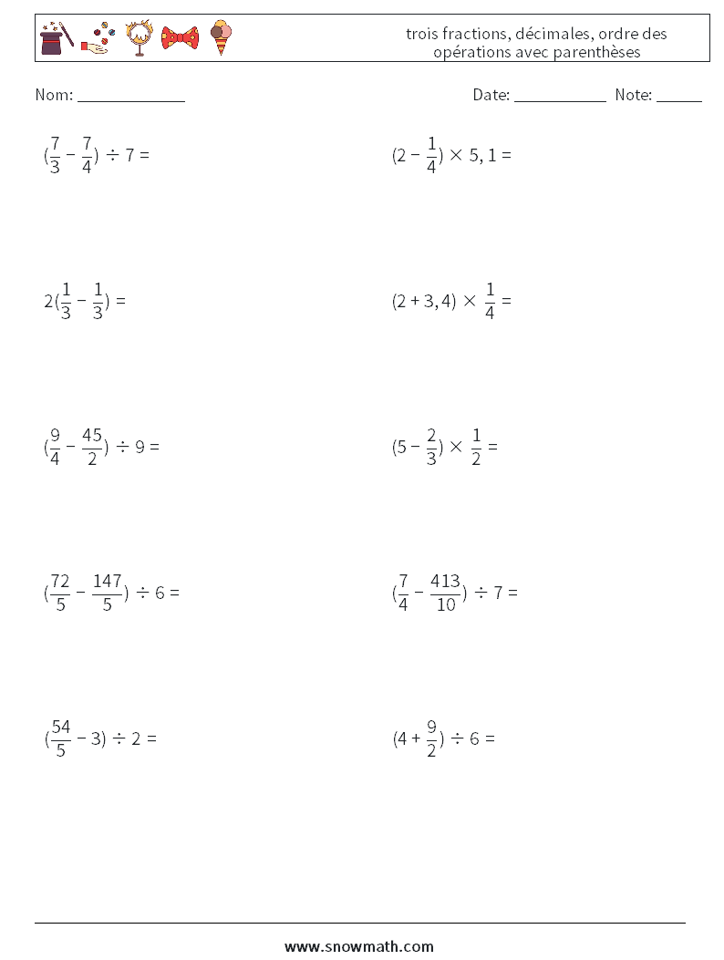 (10) trois fractions, décimales, ordre des opérations avec parenthèses Fiches d'Exercices de Mathématiques 11
