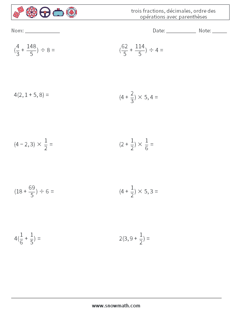 (10) trois fractions, décimales, ordre des opérations avec parenthèses Fiches d'Exercices de Mathématiques 13