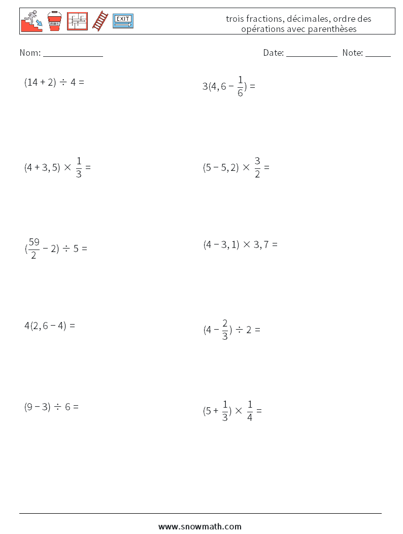 (10) trois fractions, décimales, ordre des opérations avec parenthèses Fiches d'Exercices de Mathématiques 14