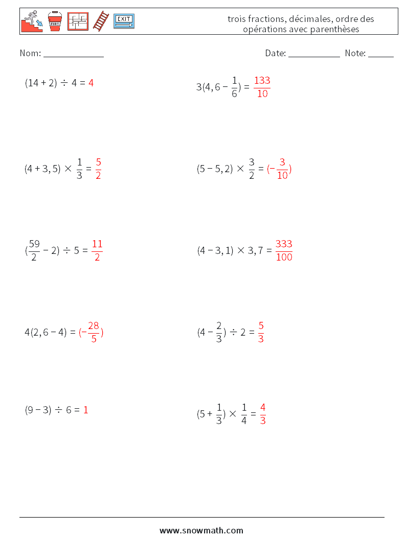 (10) trois fractions, décimales, ordre des opérations avec parenthèses Fiches d'Exercices de Mathématiques 14 Question, Réponse