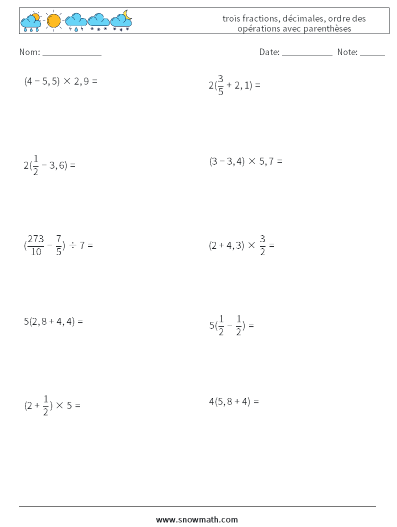 (10) trois fractions, décimales, ordre des opérations avec parenthèses Fiches d'Exercices de Mathématiques 18