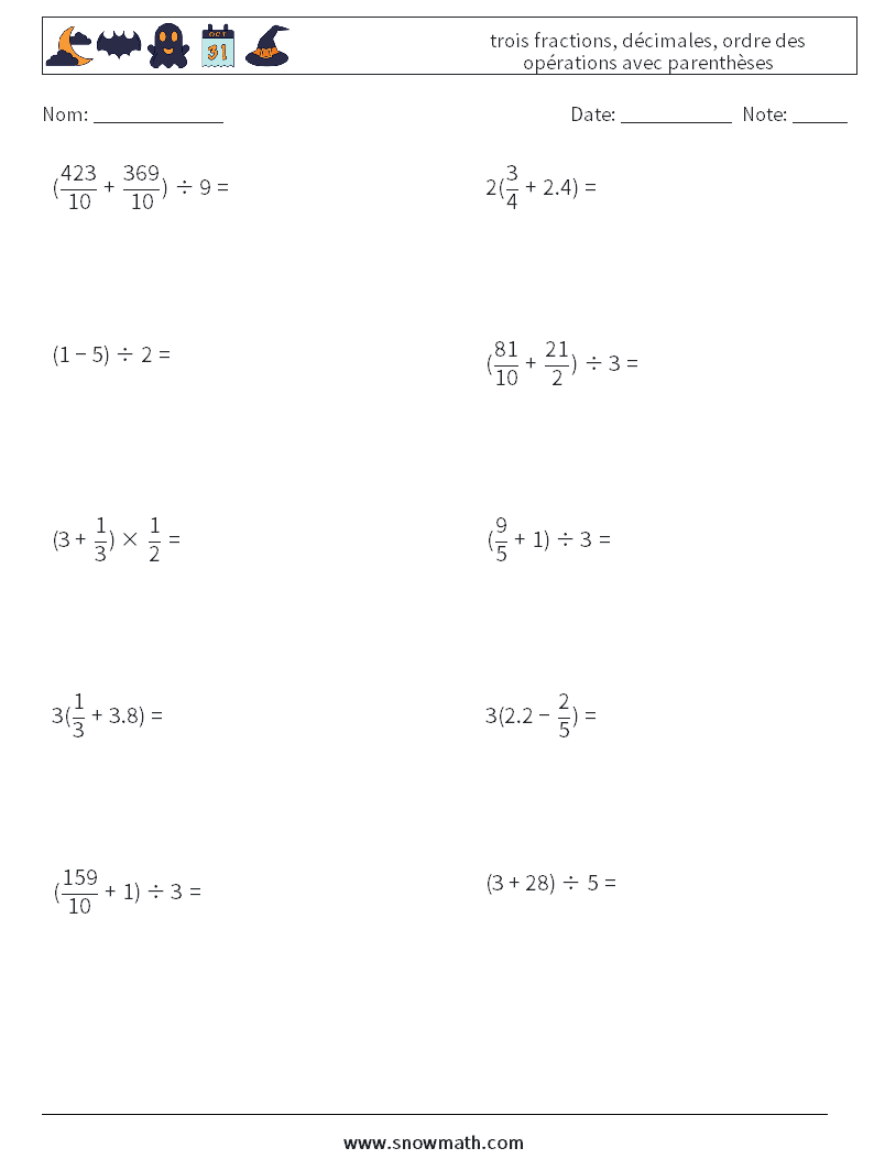 (10) trois fractions, décimales, ordre des opérations avec parenthèses Fiches d'Exercices de Mathématiques 2