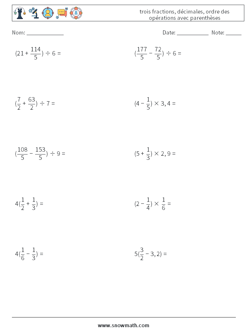 (10) trois fractions, décimales, ordre des opérations avec parenthèses Fiches d'Exercices de Mathématiques 3