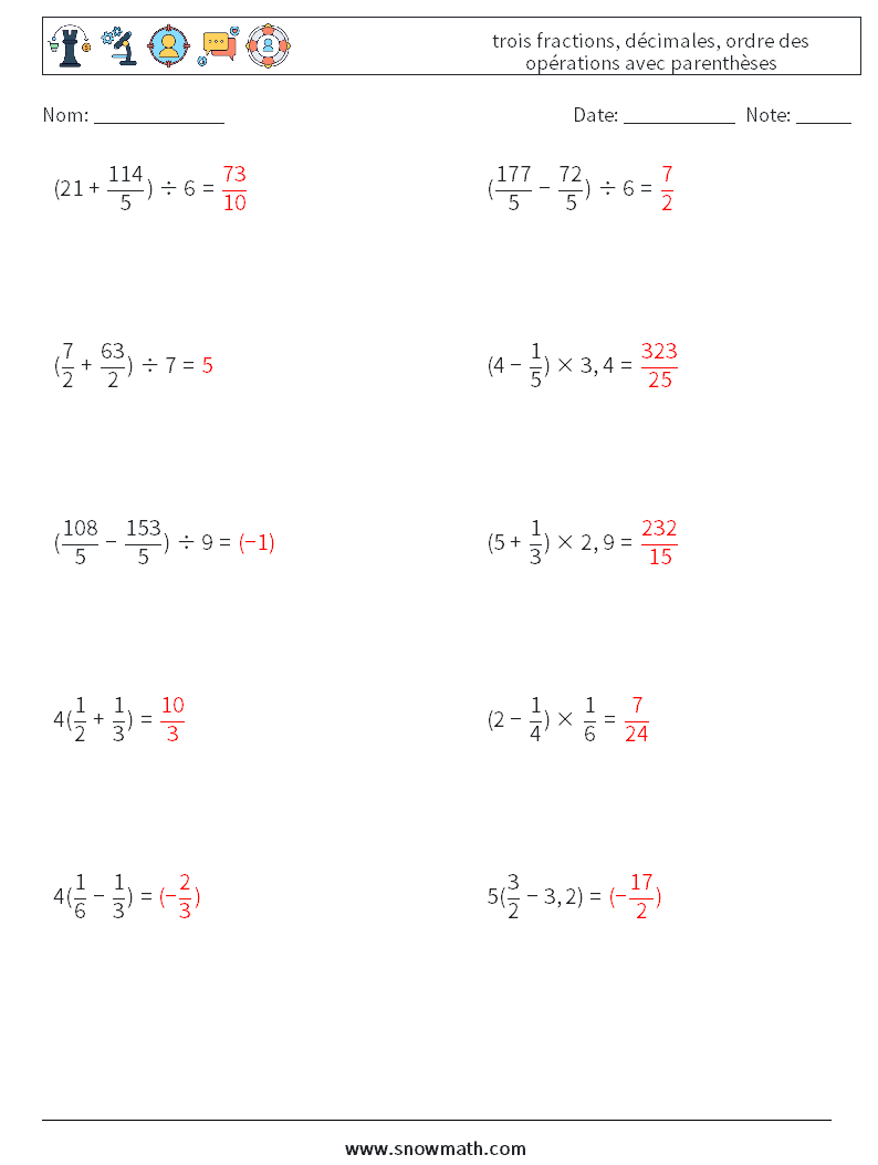 (10) trois fractions, décimales, ordre des opérations avec parenthèses Fiches d'Exercices de Mathématiques 3 Question, Réponse