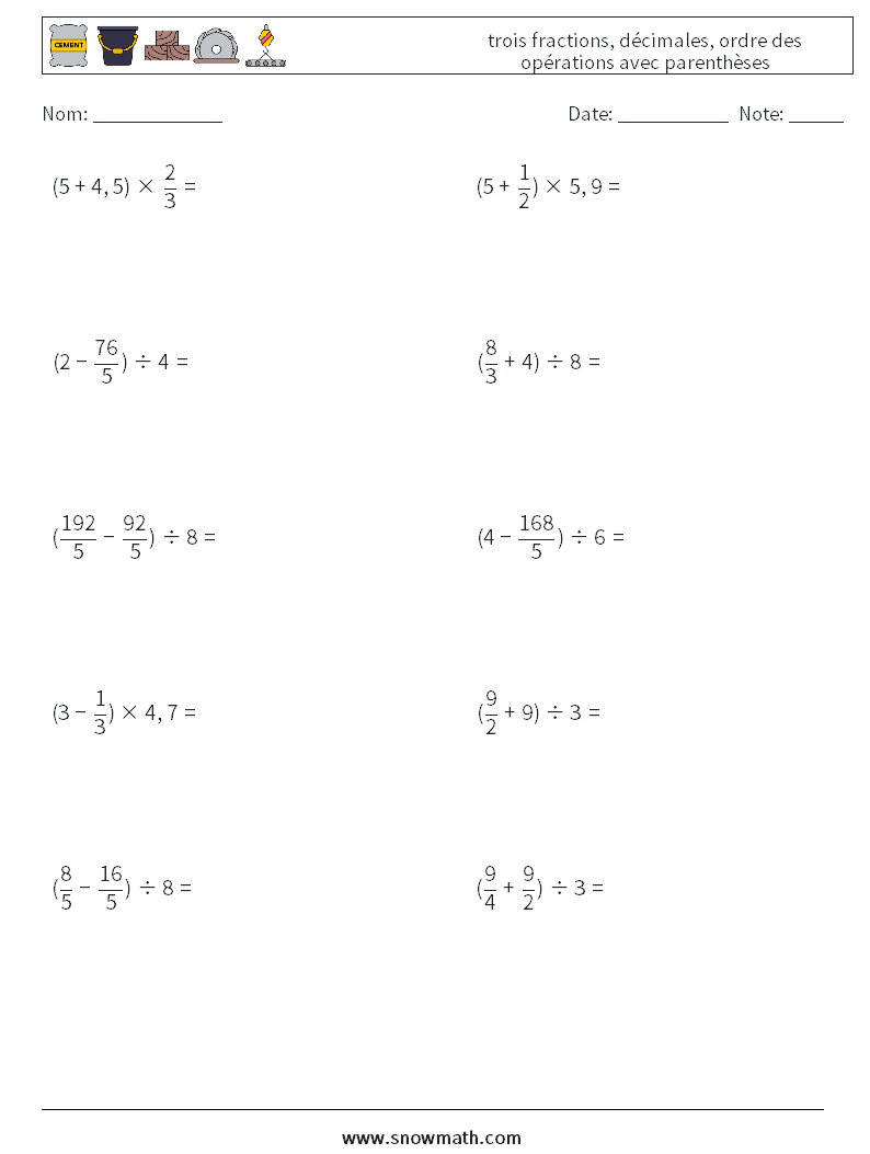 (10) trois fractions, décimales, ordre des opérations avec parenthèses Fiches d'Exercices de Mathématiques 4