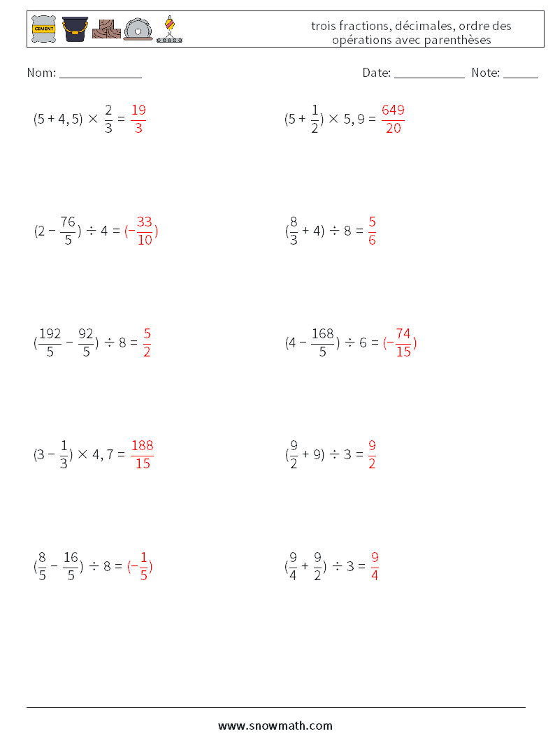 (10) trois fractions, décimales, ordre des opérations avec parenthèses Fiches d'Exercices de Mathématiques 4 Question, Réponse