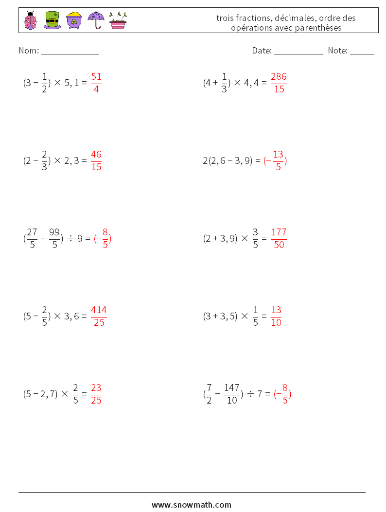 (10) trois fractions, décimales, ordre des opérations avec parenthèses Fiches d'Exercices de Mathématiques 5 Question, Réponse