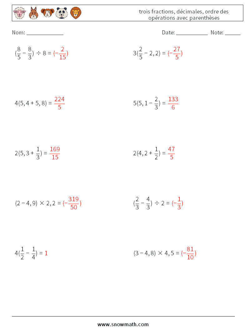 (10) trois fractions, décimales, ordre des opérations avec parenthèses Fiches d'Exercices de Mathématiques 7 Question, Réponse