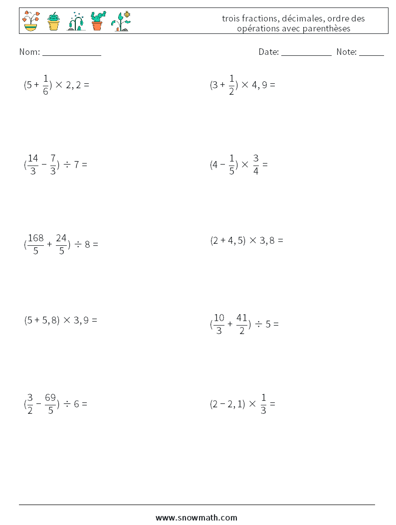 (10) trois fractions, décimales, ordre des opérations avec parenthèses Fiches d'Exercices de Mathématiques 8