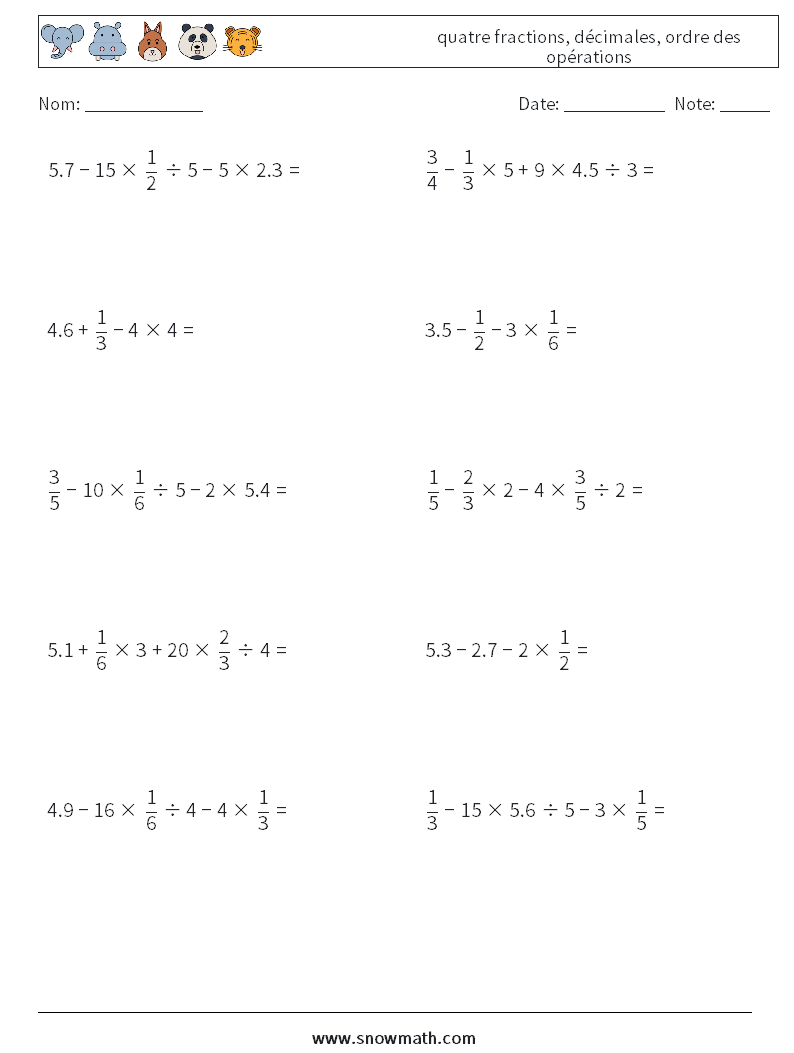 (10) quatre fractions, décimales, ordre des opérations Fiches d'Exercices de Mathématiques 1