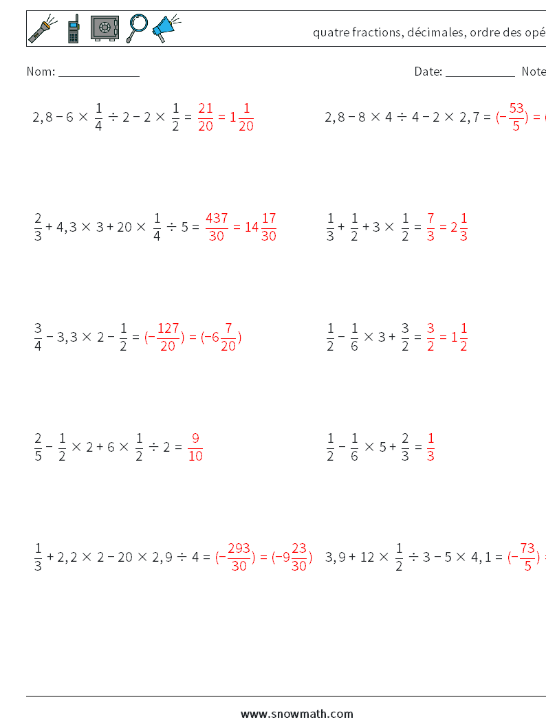 (10) quatre fractions, décimales, ordre des opérations Fiches d'Exercices de Mathématiques 12 Question, Réponse