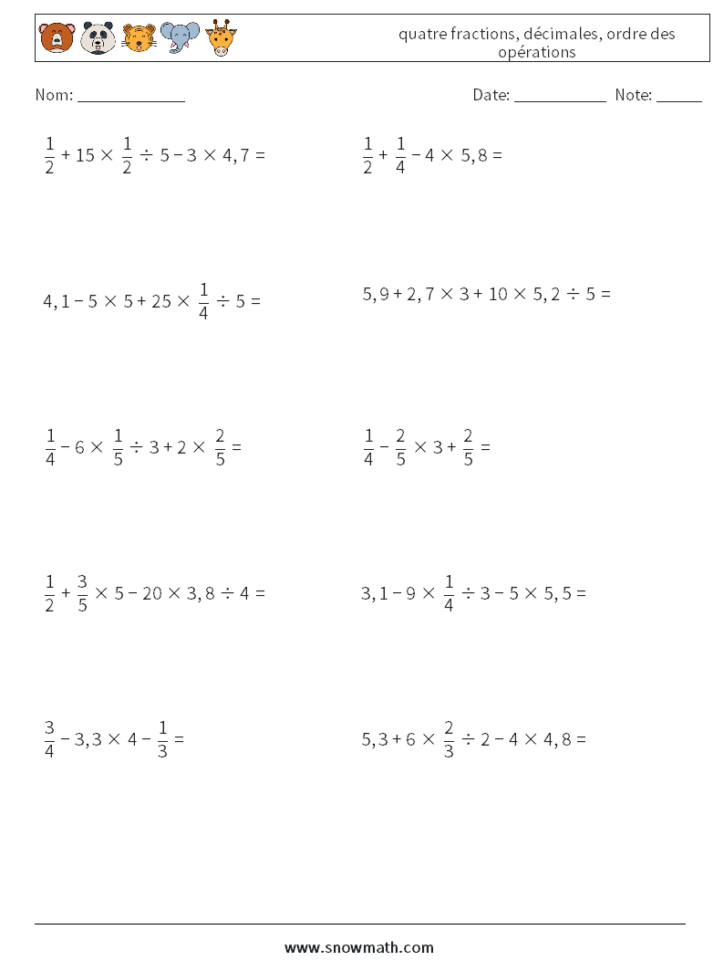 (10) quatre fractions, décimales, ordre des opérations Fiches d'Exercices de Mathématiques 17