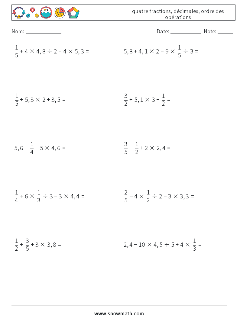 (10) quatre fractions, décimales, ordre des opérations Fiches d'Exercices de Mathématiques 3