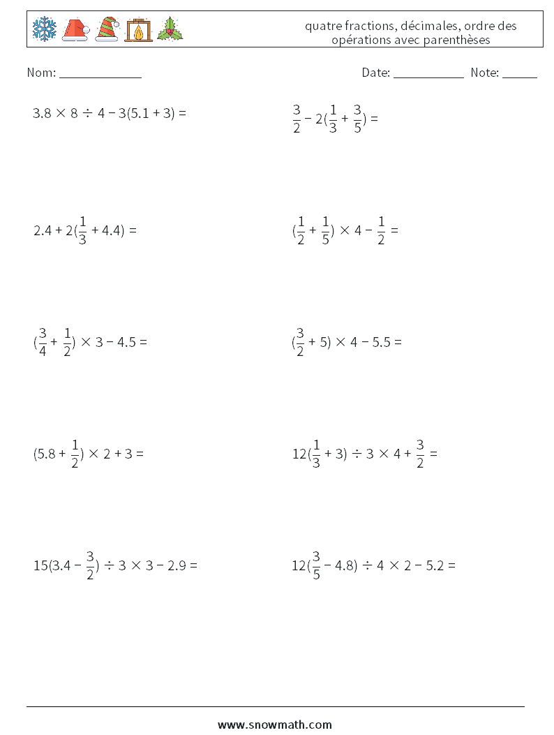 (10) quatre fractions, décimales, ordre des opérations avec parenthèses Fiches d'Exercices de Mathématiques 1