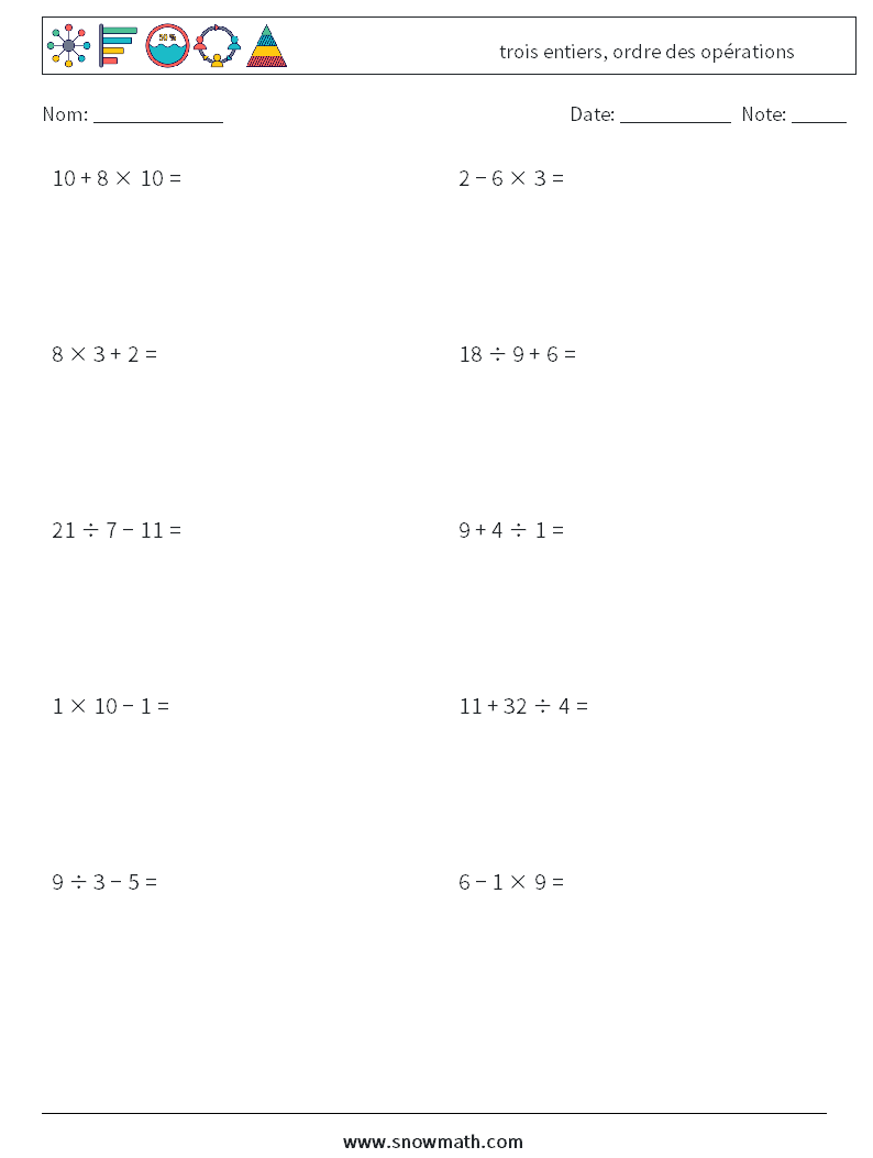 (10) trois entiers, ordre des opérations Fiches d'Exercices de Mathématiques 3