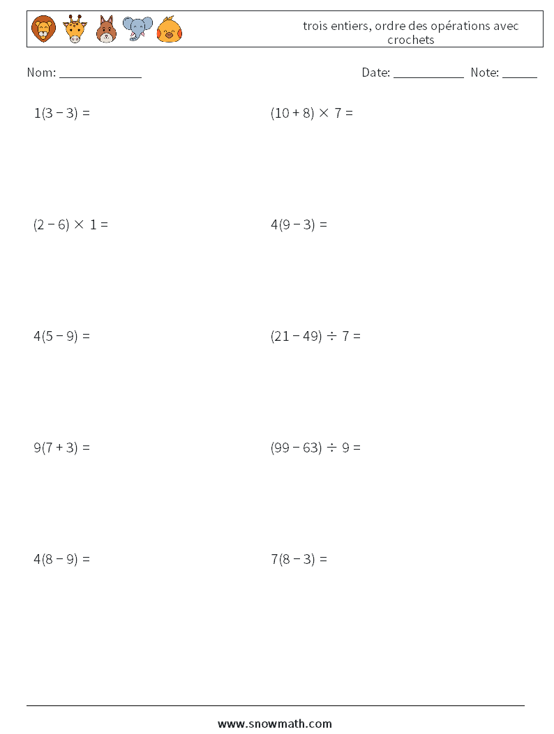 (10) trois entiers, ordre des opérations avec crochets Fiches d'Exercices de Mathématiques 9