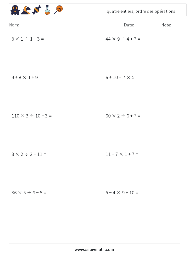 (10) quatre entiers, ordre des opérations Fiches d'Exercices de Mathématiques 13