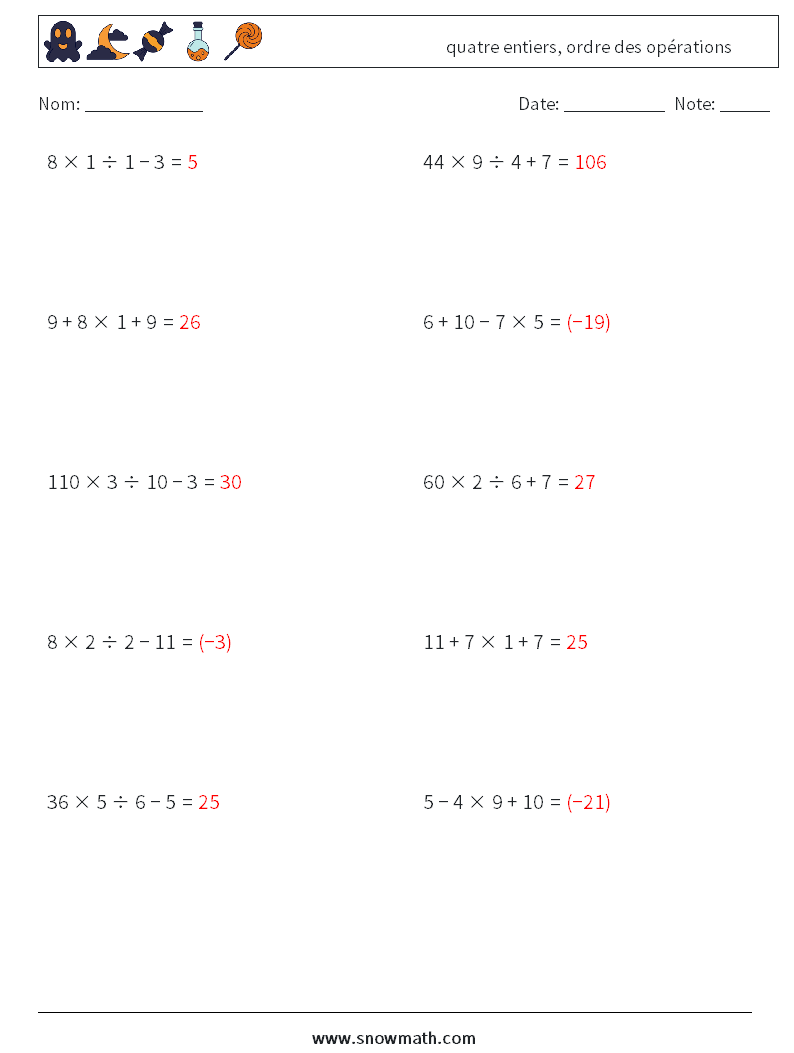 (10) quatre entiers, ordre des opérations Fiches d'Exercices de Mathématiques 13 Question, Réponse