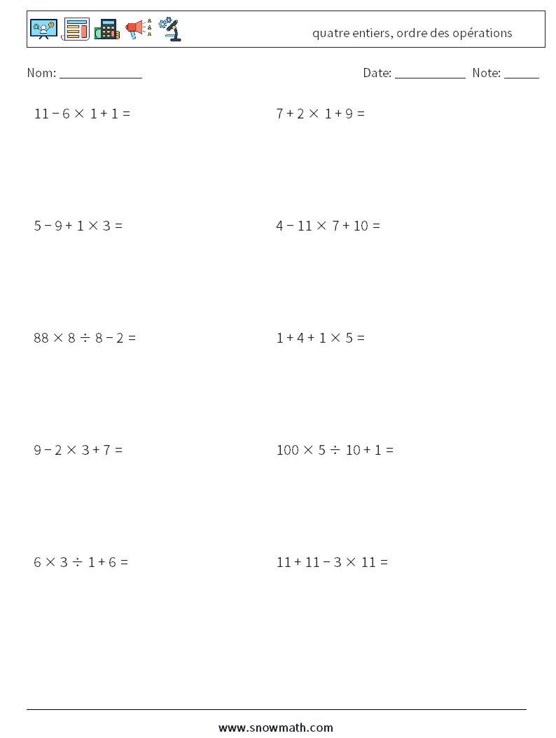 (10) quatre entiers, ordre des opérations Fiches d'Exercices de Mathématiques 14