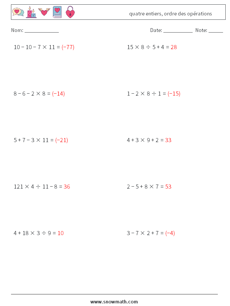 (10) quatre entiers, ordre des opérations Fiches d'Exercices de Mathématiques 15 Question, Réponse