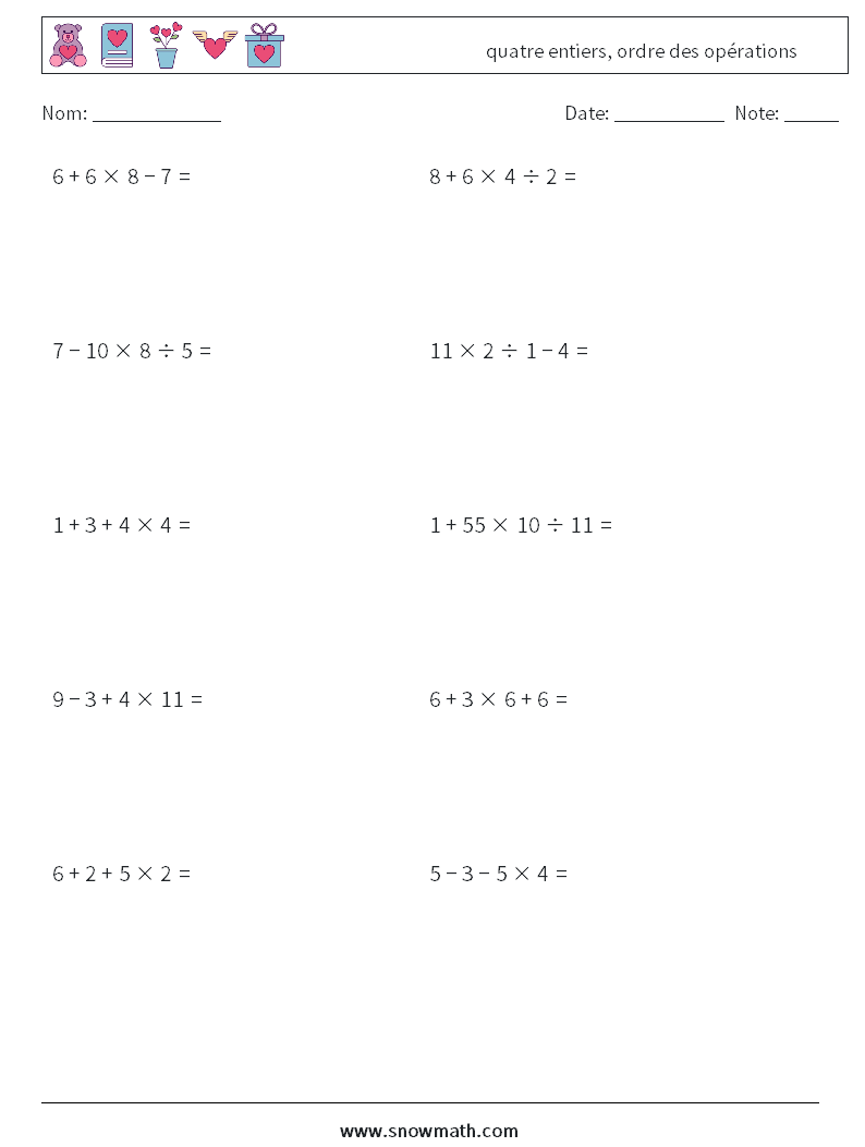(10) quatre entiers, ordre des opérations Fiches d'Exercices de Mathématiques 18