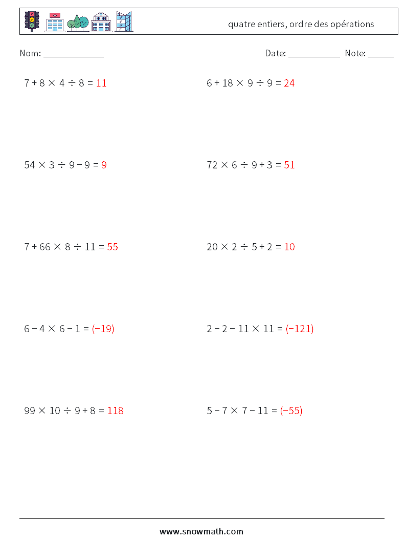 (10) quatre entiers, ordre des opérations Fiches d'Exercices de Mathématiques 4 Question, Réponse