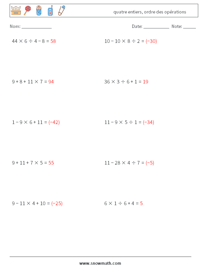 (10) quatre entiers, ordre des opérations Fiches d'Exercices de Mathématiques 8 Question, Réponse