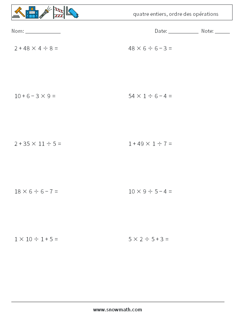 (10) quatre entiers, ordre des opérations Fiches d'Exercices de Mathématiques 9