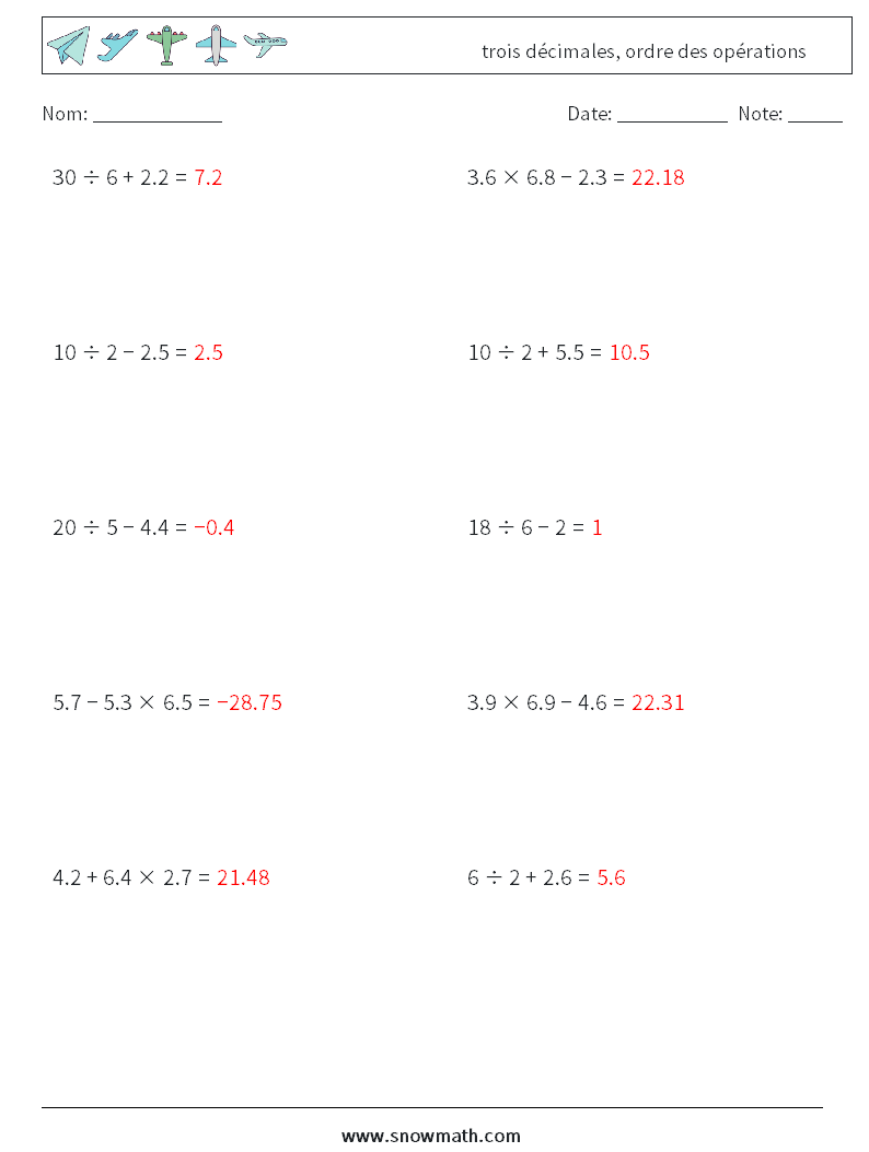(10) trois décimales, ordre des opérations Fiches d'Exercices de Mathématiques 10 Question, Réponse