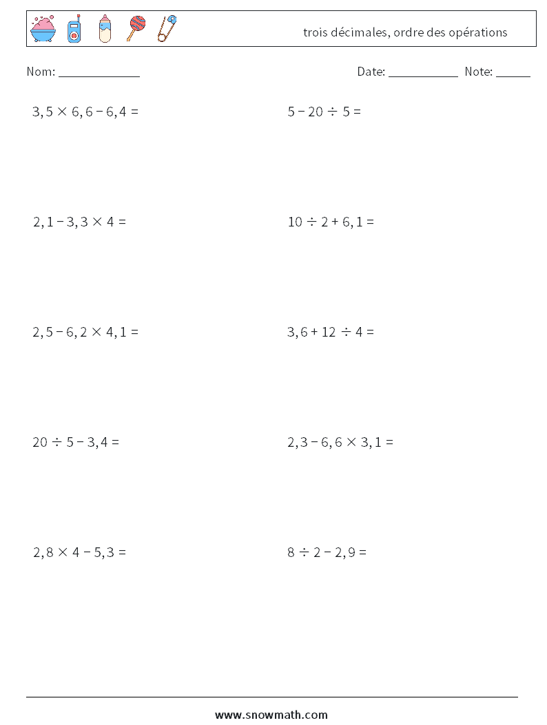 (10) trois décimales, ordre des opérations Fiches d'Exercices de Mathématiques 11
