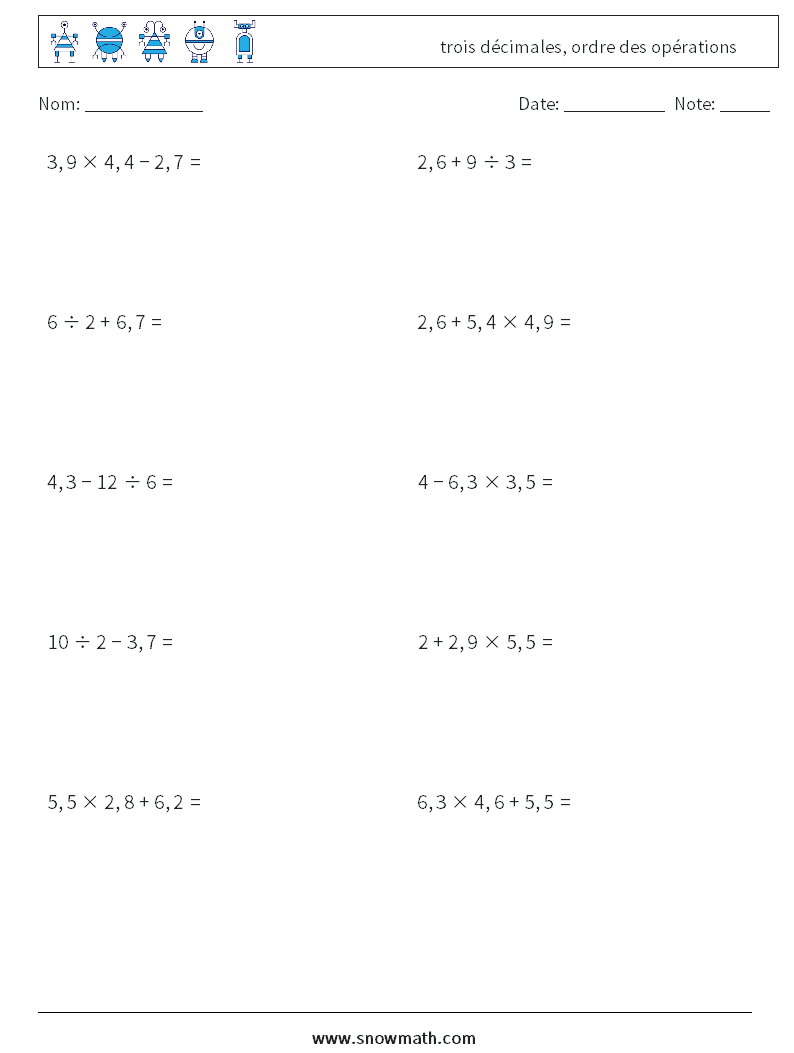 (10) trois décimales, ordre des opérations Fiches d'Exercices de Mathématiques 12