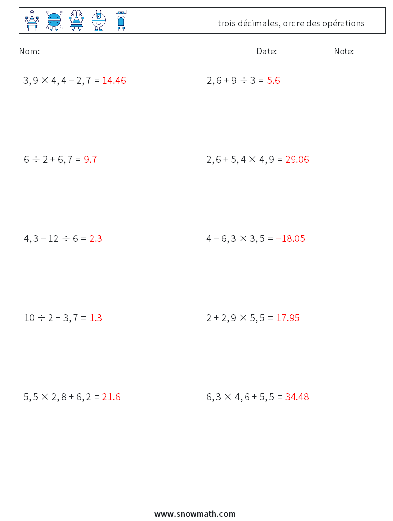 (10) trois décimales, ordre des opérations Fiches d'Exercices de Mathématiques 12 Question, Réponse