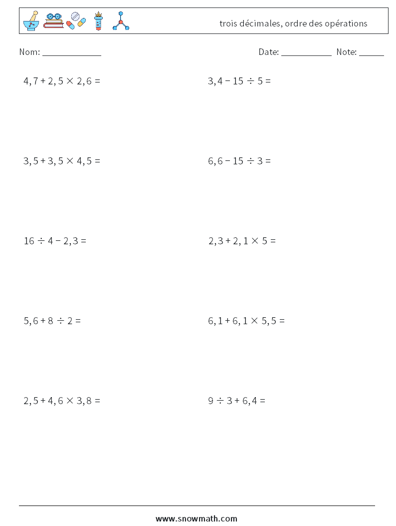 (10) trois décimales, ordre des opérations Fiches d'Exercices de Mathématiques 17