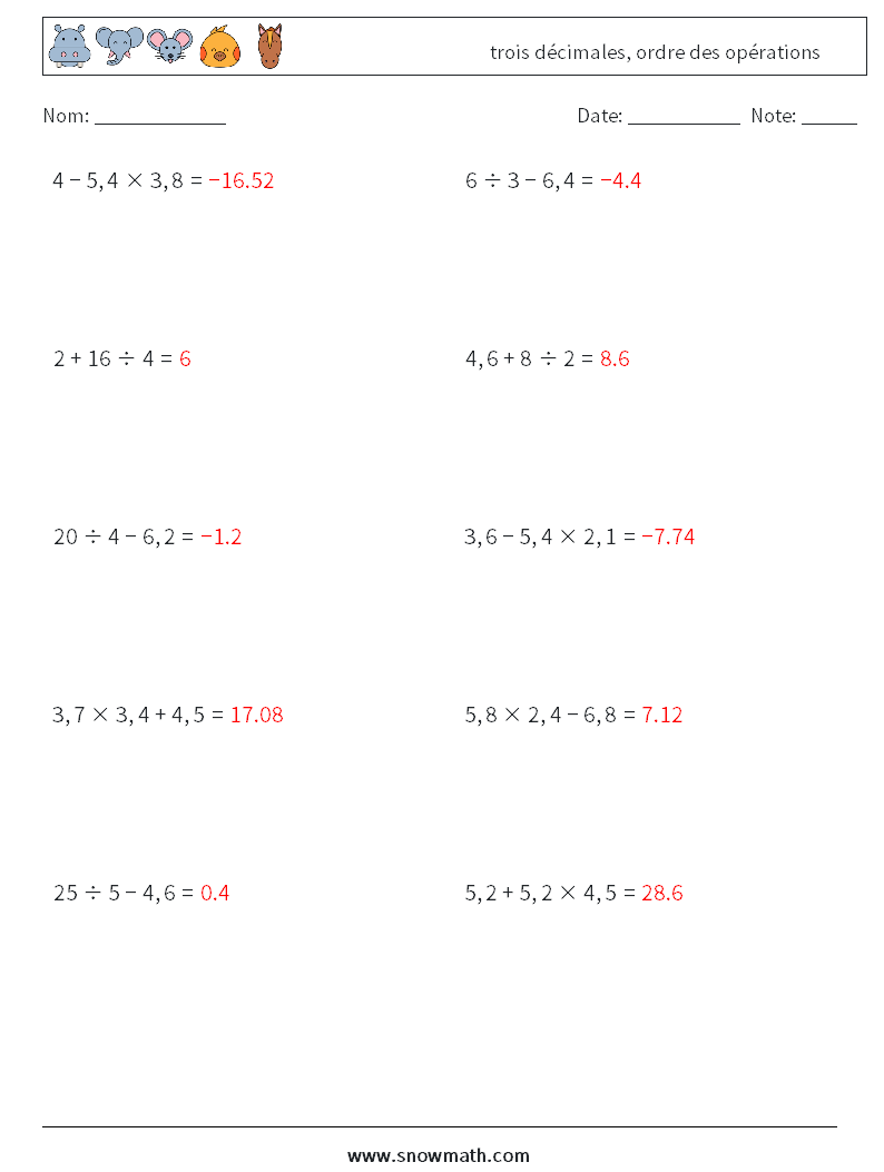 (10) trois décimales, ordre des opérations Fiches d'Exercices de Mathématiques 18 Question, Réponse