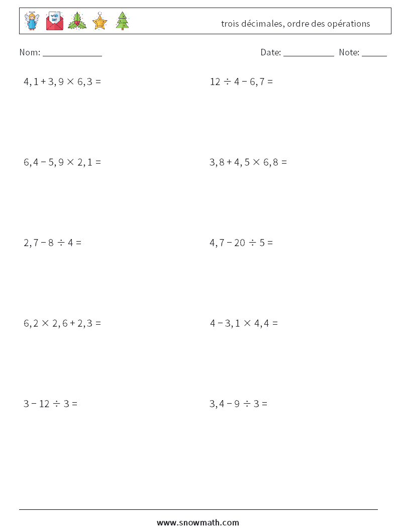 (10) trois décimales, ordre des opérations Fiches d'Exercices de Mathématiques 2
