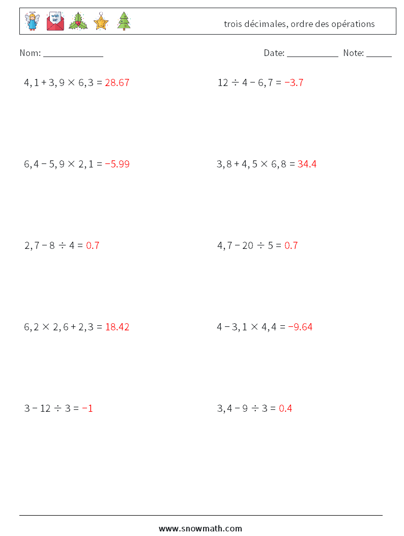 (10) trois décimales, ordre des opérations Fiches d'Exercices de Mathématiques 2 Question, Réponse