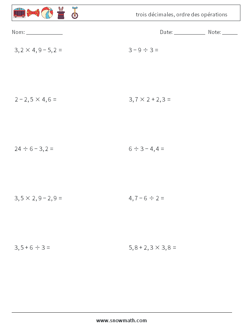(10) trois décimales, ordre des opérations Fiches d'Exercices de Mathématiques 3