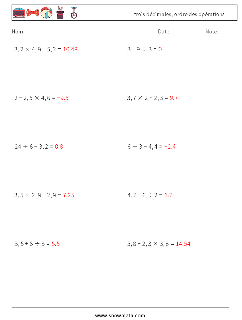 (10) trois décimales, ordre des opérations Fiches d'Exercices de Mathématiques 3 Question, Réponse