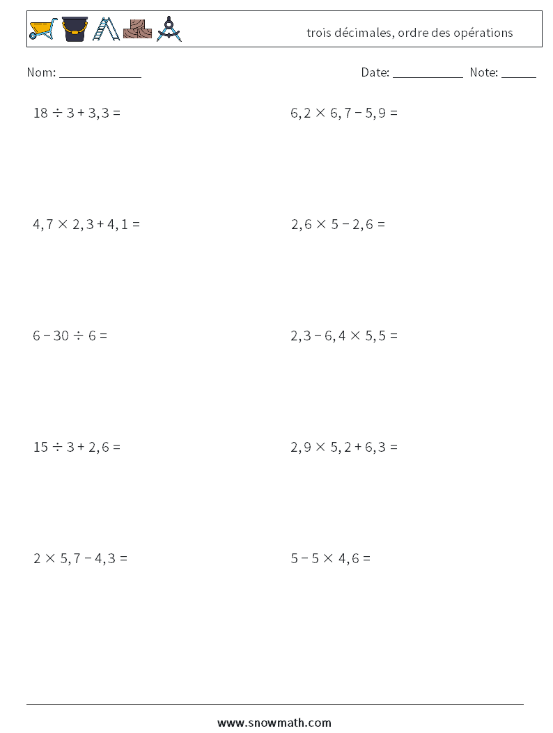(10) trois décimales, ordre des opérations Fiches d'Exercices de Mathématiques 4