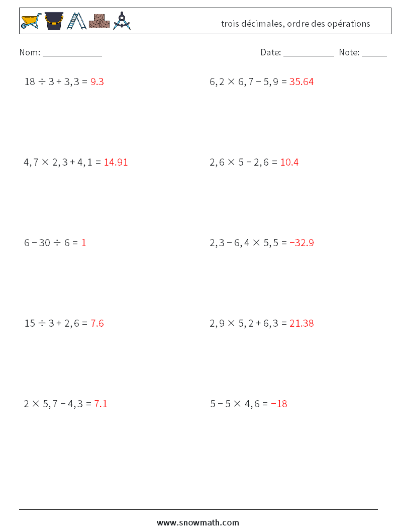 (10) trois décimales, ordre des opérations Fiches d'Exercices de Mathématiques 4 Question, Réponse