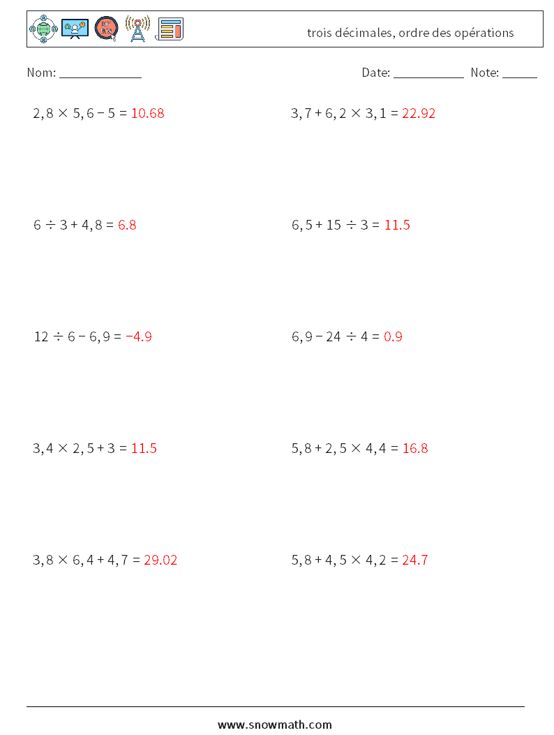 (10) trois décimales, ordre des opérations Fiches d'Exercices de Mathématiques 5 Question, Réponse