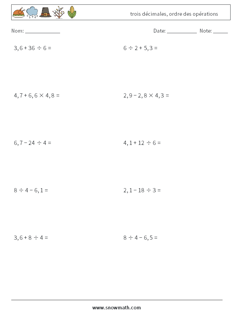 (10) trois décimales, ordre des opérations Fiches d'Exercices de Mathématiques 6
