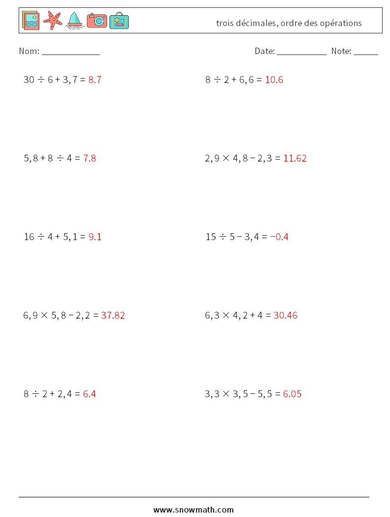 (10) trois décimales, ordre des opérations Fiches d'Exercices de Mathématiques 7 Question, Réponse