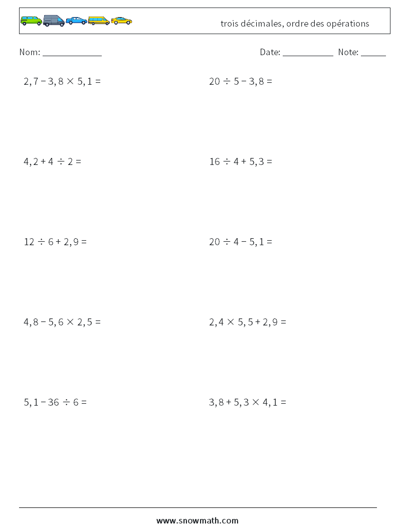 (10) trois décimales, ordre des opérations Fiches d'Exercices de Mathématiques 8