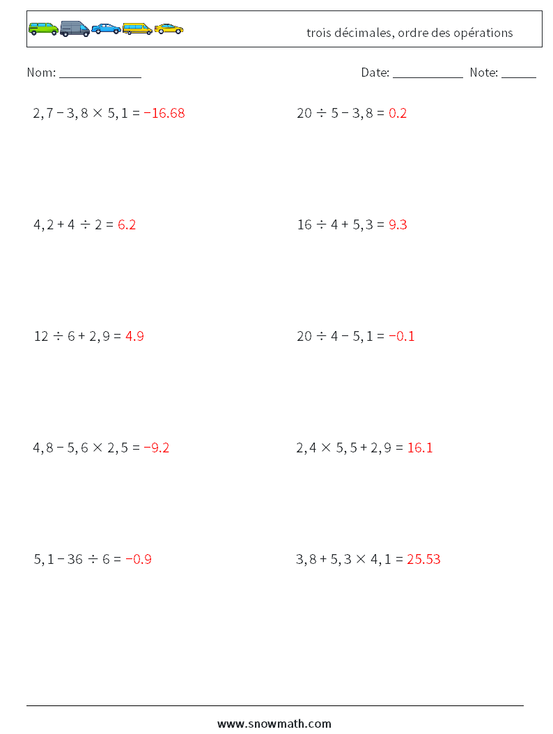 (10) trois décimales, ordre des opérations Fiches d'Exercices de Mathématiques 8 Question, Réponse