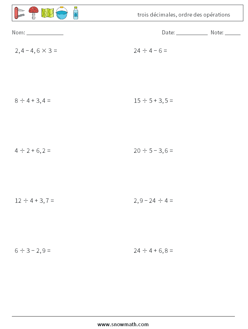 (10) trois décimales, ordre des opérations Fiches d'Exercices de Mathématiques 9