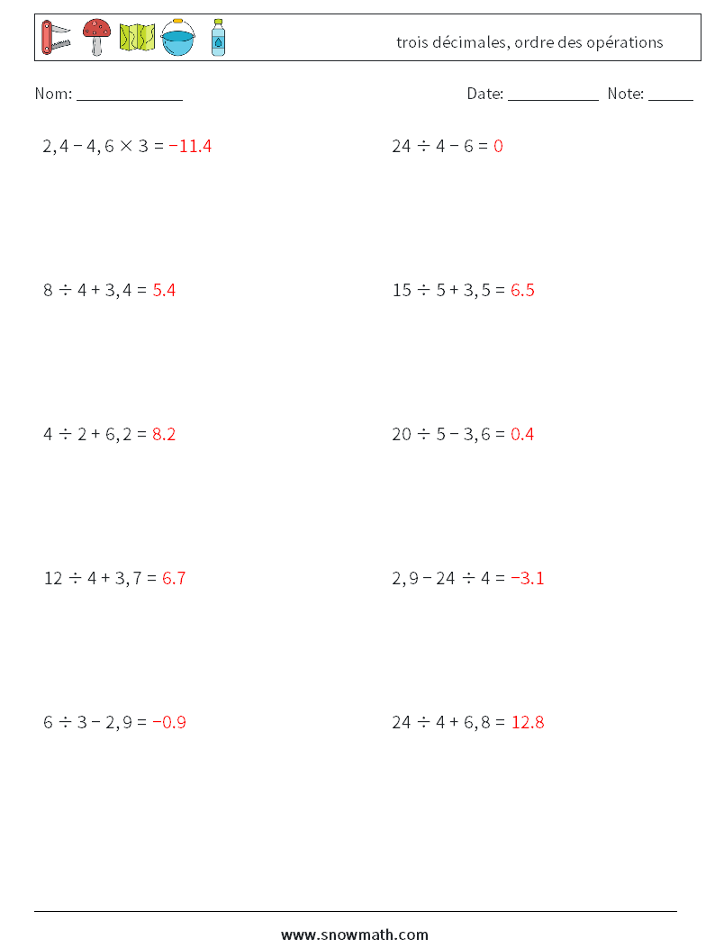 (10) trois décimales, ordre des opérations Fiches d'Exercices de Mathématiques 9 Question, Réponse