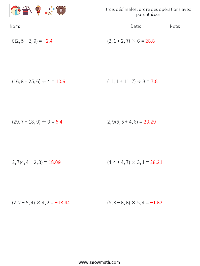 (10) trois décimales, ordre des opérations avec parenthèses Fiches d'Exercices de Mathématiques 12 Question, Réponse